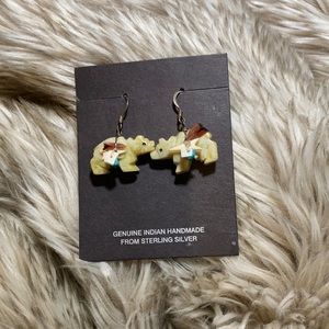 Vintage 1980’s Zuni style Bear Fetish earrings sterling silver and natural stone